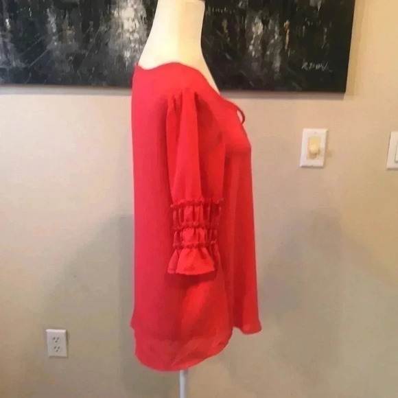 Corvia Salmon Colored Ruffled Sleeves sheer top with Cute Tie Front-Size M - Picture 4 of 5